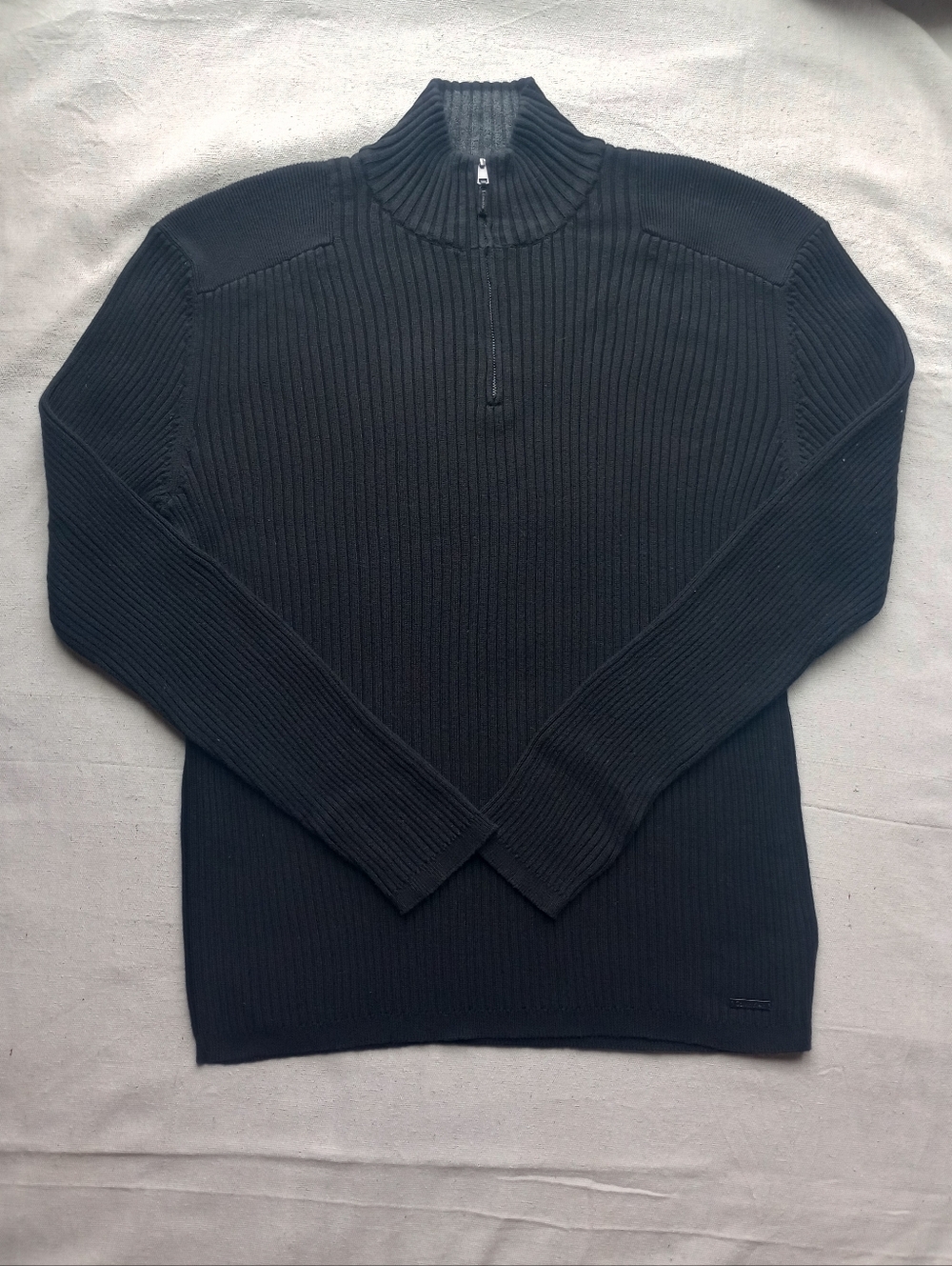 Calvin Klein Men’s 1/4 Zip Ribbed Knit Cotton Sweater - Black, Size Large